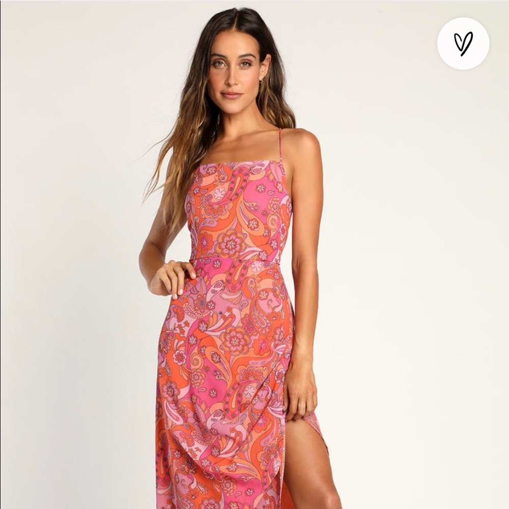 Lulus groovy mood orange paisley print asymmetrical lace up midi dress